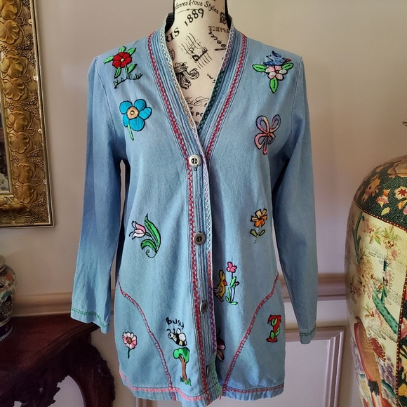 Vintage Jackets & Blazers - Groovy Vintage Hand Embroidered Lightweight Denim Shacket